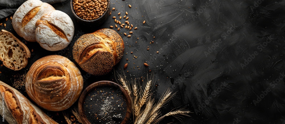 Poster beautiful bread assortment displayed with a dark background in a top view copy space image