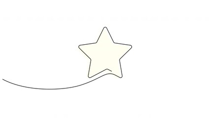 Self drawing animation of continuous line yellow star. Animated single line star shape.