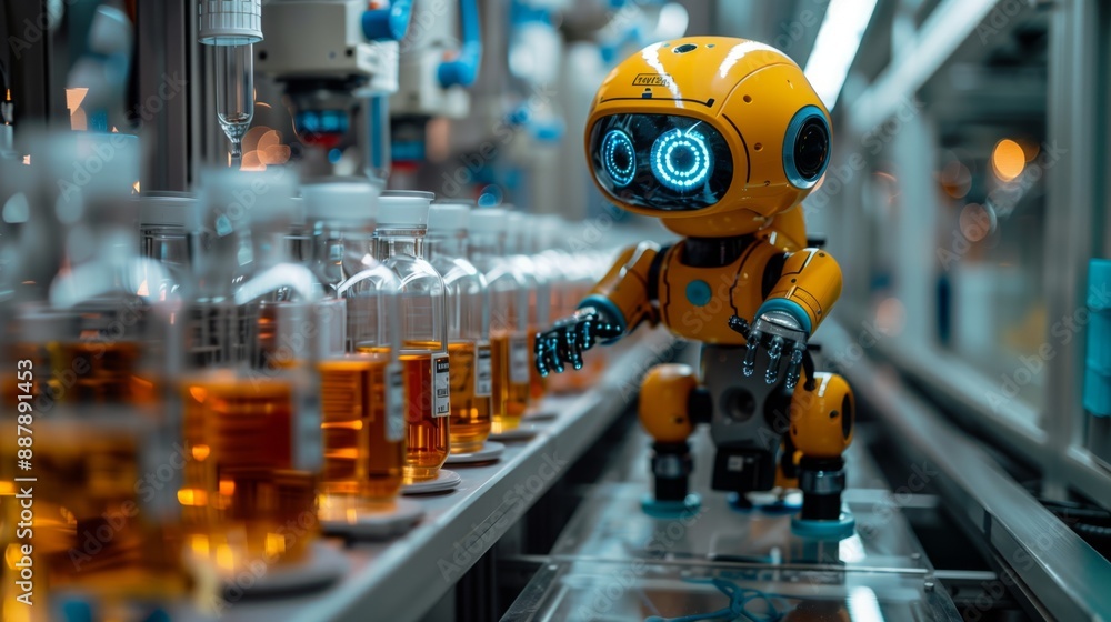 Poster a yellow robot with blue eyes is working in a laboratory setting. it appears to be inspecting rows o