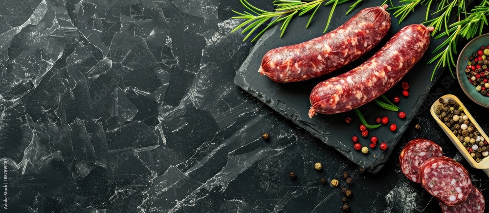 Poster stone background with raw sausages spices and rosemary with available copy space image for text