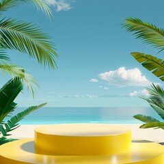 Obraz premium 5. Detailed 3D podium in a vivid yellow tone, placed against the backdrop of a tranquil tropical beach, featuring a serene blue sky with scattered clouds and lush green palm leaves, ideal for product