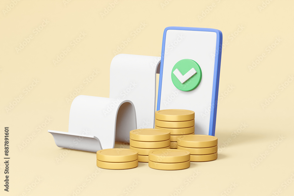 Poster a 3d render featuring floating elements such as a smartphone, a check mark, coins, and a bill. this 