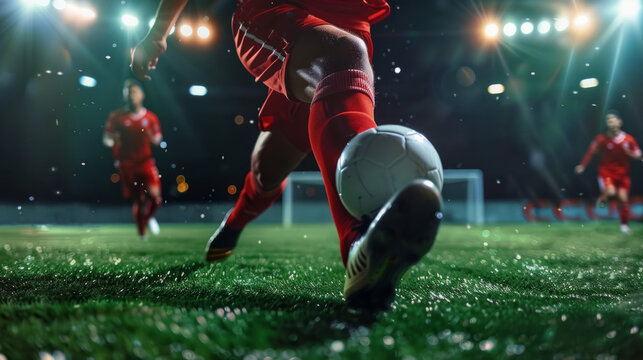 A close-up shot of a soccer player's foot connecting with the ball during a night game. The player is in mid-kick, with the ball about to be launched towards the goal