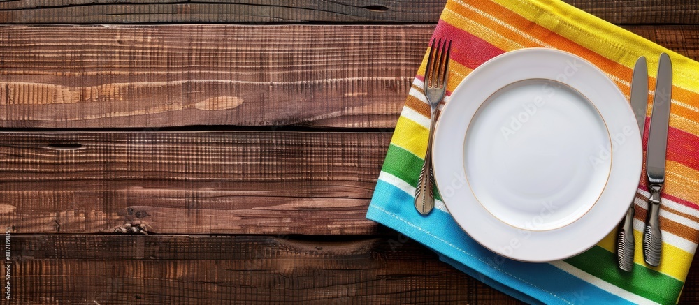 Fototapete top down view of a restaurant menu setting featuring an empty plate cutlery and colorful napkin on a