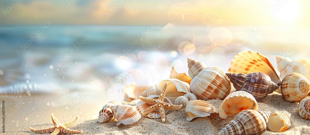 Aufkleber summer beach background displaying a collection of sea shells on sandy shore with blurred area for c