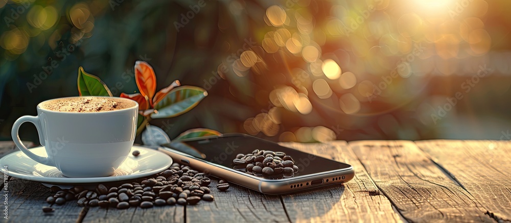 Aufkleber smartphone coffee cup and coffee beans displayed on a wooden table with a warm and inviting ambiance