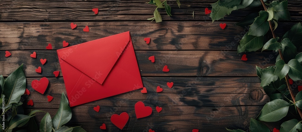 Leinwandbilder romantic valentine s day mockup with red envelope on wooden backdrop adorned with small hearts blank
