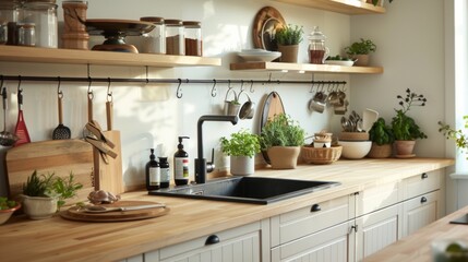 A kitchen with a sink, a wooden counter, and a lot of pots and pans