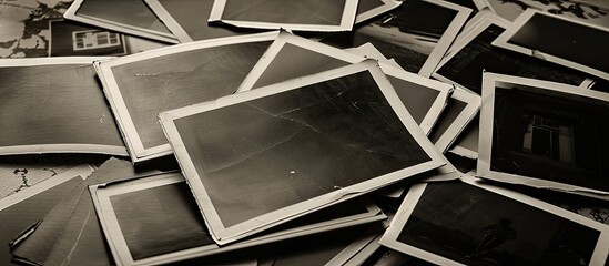 Retro photo placeholder showing a black and white medium format hand copy contact sheet with empty frames on an intriguing paper surface