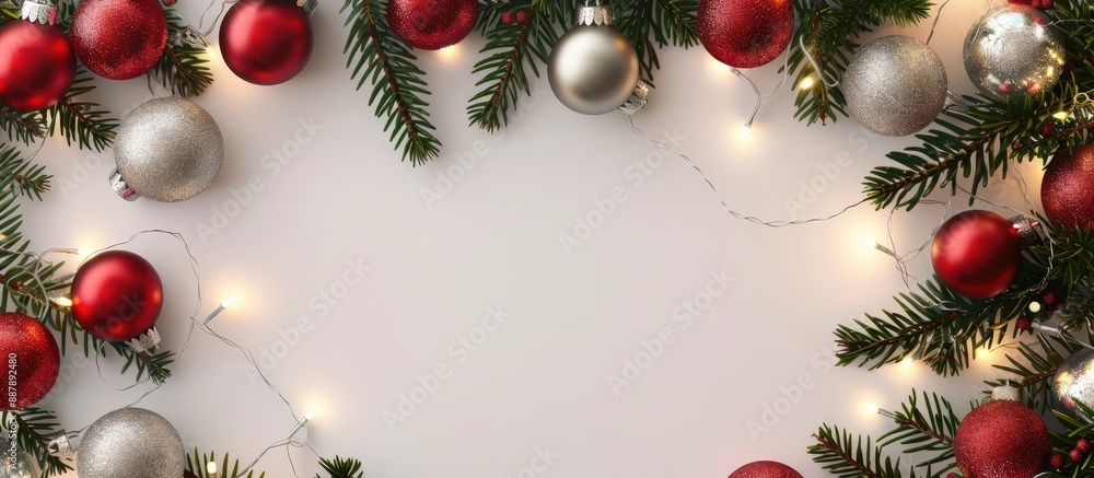 Aufkleber christmas balls in red and silver green fir branches adorned with lights on a white backdrop with am