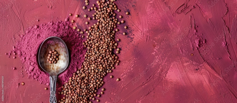 Poster top down view of a spoon resting on kidney bean flour sprinkled with brown seeds providing ample cop