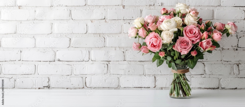 Fototapete stunning eustoma flower bouquet on a table by a white brick wall suitable for incorporating text in 
