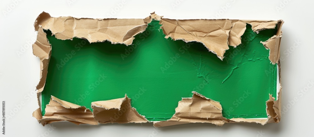Poster Ripped corrugated cardboard on white backdrop as a design element with a green empty background for a banner message or label Includes a copy space image