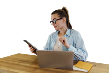 Female student education online uses laptop and tablet to study remotely, cut out