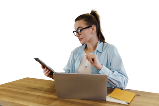Female student education online uses laptop and tablet to study remotely, cut out