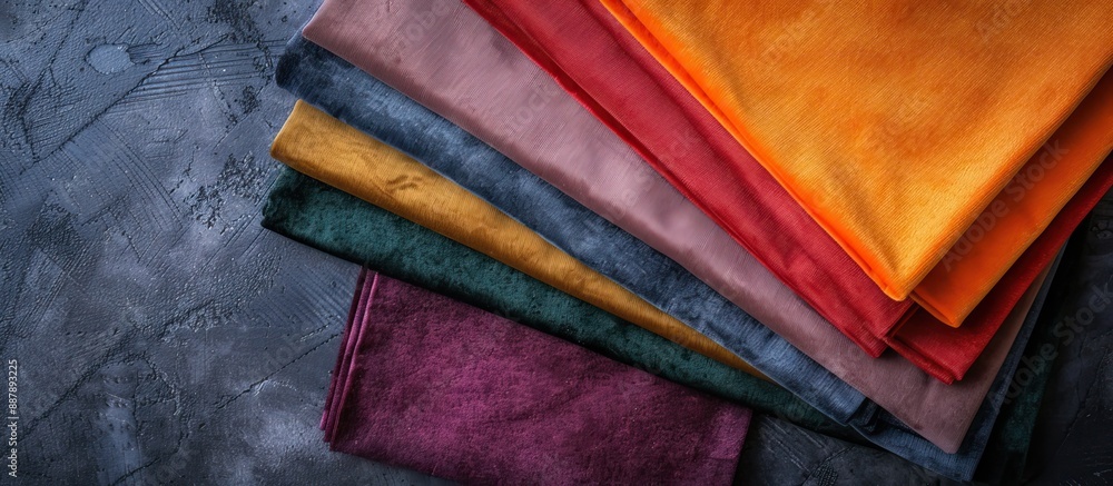 Aufkleber Colorful luxury velvet fabric samples arranged on a stone table in a top down view with ample space for text or images