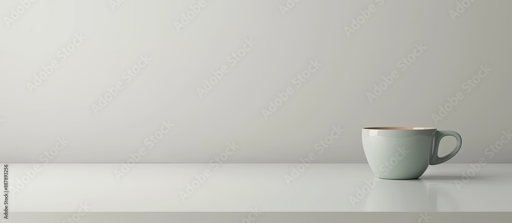 Poster coffee cup placed on a blank white table with ample empty space for additional elements in the frame