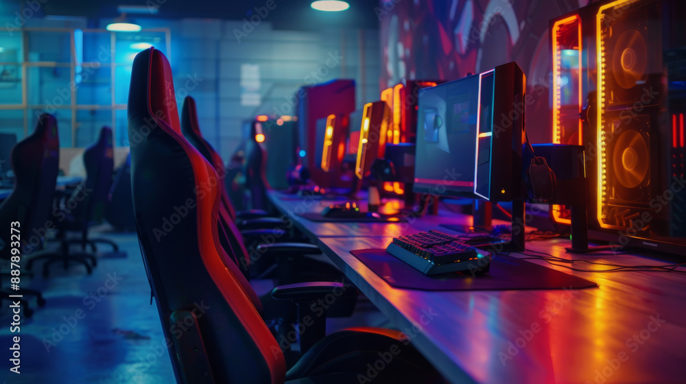 Poster A row of sleek gaming computers bathed in colorful lights sit ready for action in a dimly lit esports arena