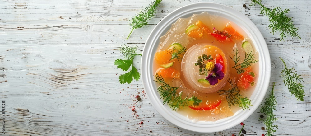 Poster appetizing fish aspic on a bright table top view with copy space image available