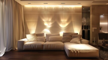 A living room with a white couch and a brown floor