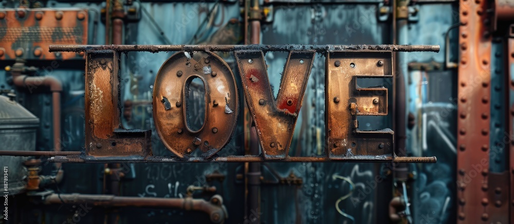 Poster industrial banner featuring the word love in bold font with empty space for adding images. with copy