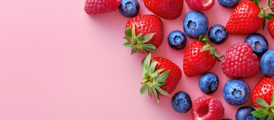 Colorful strawberries and blueberries arranged together on a pink background with a designated area for text in the image. with copy space image. Place for adding text or design