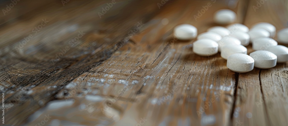 Poster Close up view of medication with a wooden table background and ample copy space image available