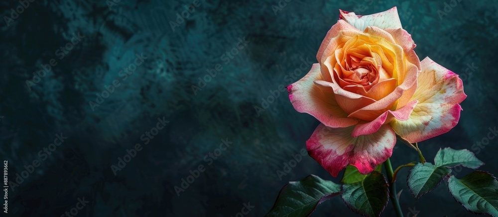 Aufkleber vivid pastel floral macro image featuring a single pink and yellow rose on black background with vin