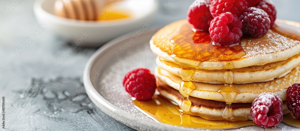 Poster delicious homemade pancakes topped with fresh raspberries and drizzled with honey in a copy space im