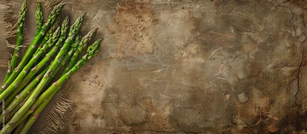 Aufkleber green asparagus positioned on an old fashioned backdrop with room for text in the image. with copy s
