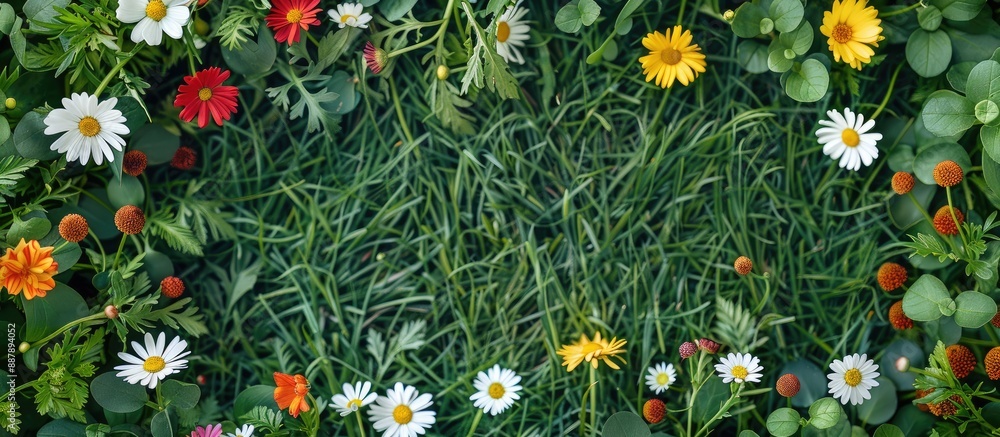 Poster Various lovely flowers displayed on lush grass with a flat lay perspective perfect for including text in the copy space image