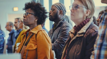 Obraz premium A diverse group of people attentively listening at an indoor event, emphasizing community engagement and participation