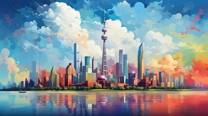 Sunny day illuminating colorful city skyline