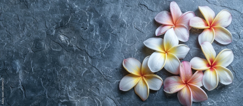 Poster plumeria flowers on a stone surface with space for additional images