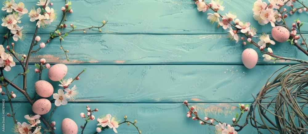 Poster vintage easter themed background with blooming spring branches eggs and a top down perspective featu