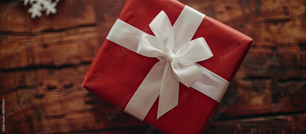 Poster close up top view of christmas presents displaying a beautifully decorated gift box with a white rib
