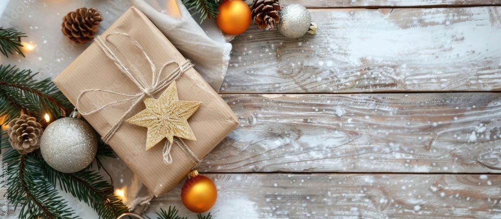 Poster top view of a christmas present adorned with decorations featuring ample copy space image