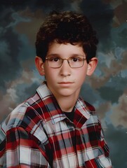 Portrait picture of a young american school boy in a style of a yearbook from 80s or 90s