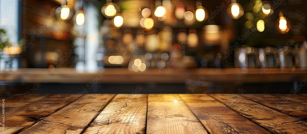 Aufkleber bokeh background at a coffee shop with a blurred effect behind the chosen empty brown wooden table p