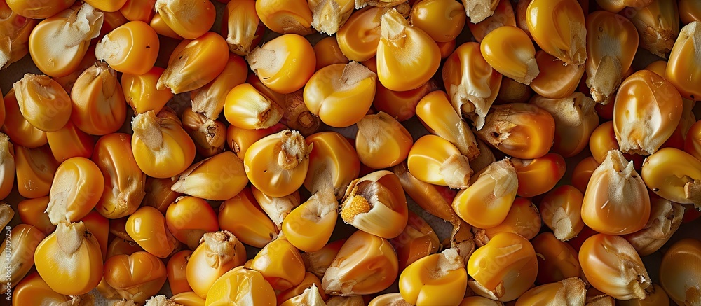 Poster image of corn kernels arranged flatly on a grey background with room for text. with copy space image