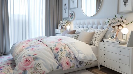 Charming bedroom with feminine touch floral bedding vanity table