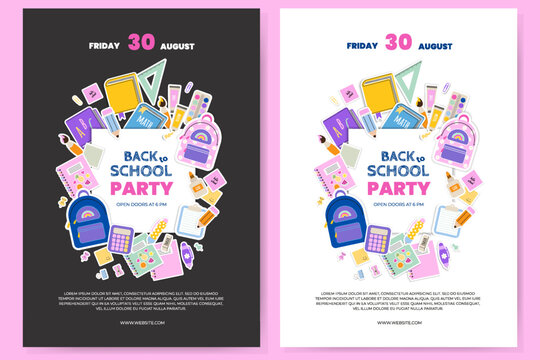 Back to School party invitation flyer, poster or banner template with title and colorful elements school supplies. Vector illustration in a flat style.