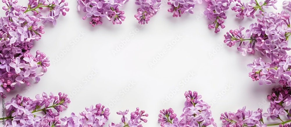 Poster top view of a white frame decorated with purple lilac flowers perfect for text placement copy space 