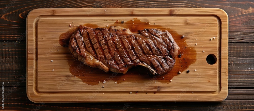 Aufkleber top view of a wooden cutting board with a grilled beef steak featuring ample copy space in the image