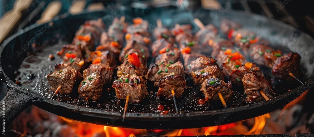 Aufkleber meat skewers with beef cooking on a sizzling black iron pan embodying a street food theme perfect fo
