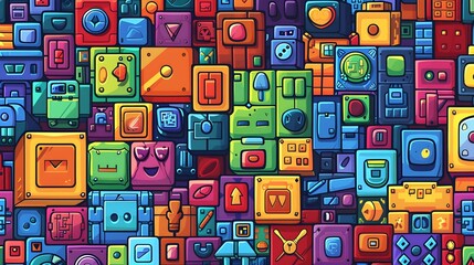 Pixel gaming wall, cartoon style, multi color, colorful - Seamless tile. Endless and repeat print.