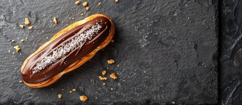 French eclair a classic dessert on a dark slate backdrop providing room for text or images Shot from above. with copy space image. Place for adding text or design