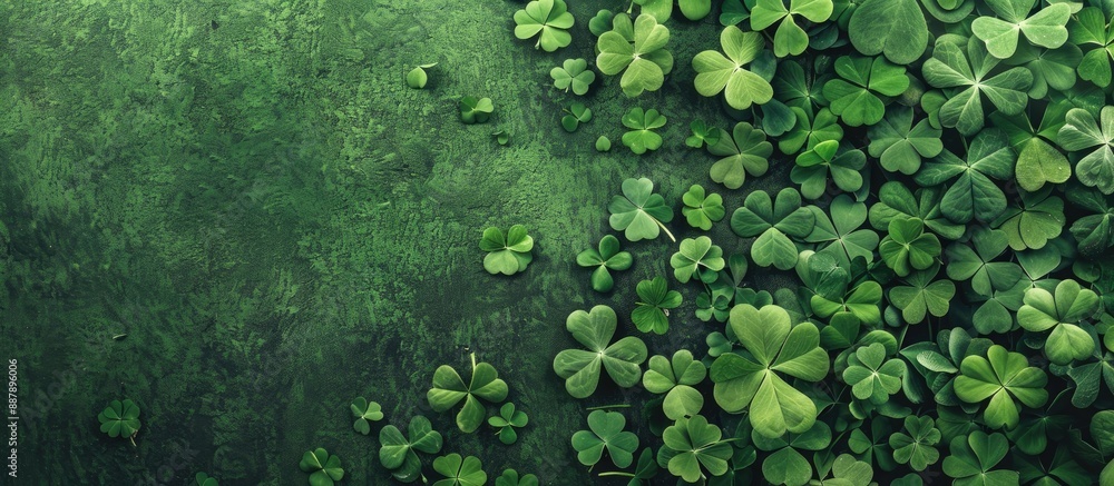 Poster st patrick s day celebration with clover leaves on green grass in a flat lay composition featuring c