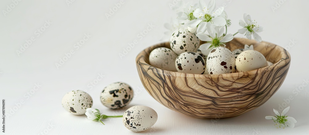 Poster quail eggs in a wooden bowl with a flower on a white background creating a serene copy space image