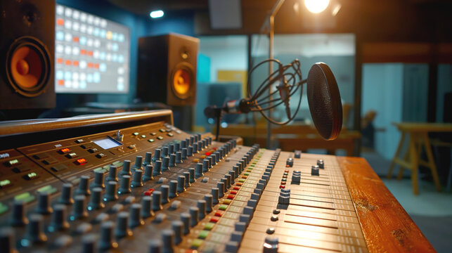 Close-up of a professional audio mixing console with various knobs and sliders, a microphone, and monitor screens in a recording studio.